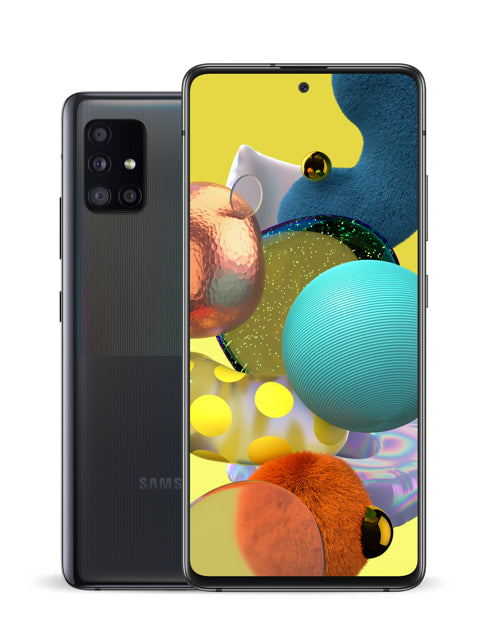 Samsung Galaxy A51 smartphone showing the front with a colorful graphical user interface and the rear camera setup.